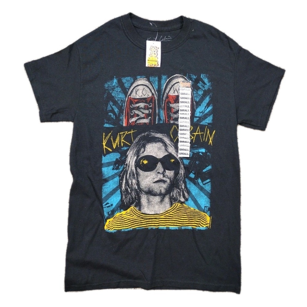 New Kurt Cobain Photo With Sneakers Mens Nirvana Seattle Grunge Black Tee SZ S
